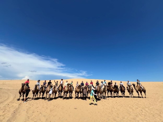 A group of people riding camels on a sand dune stand in a line and pose for the camera.