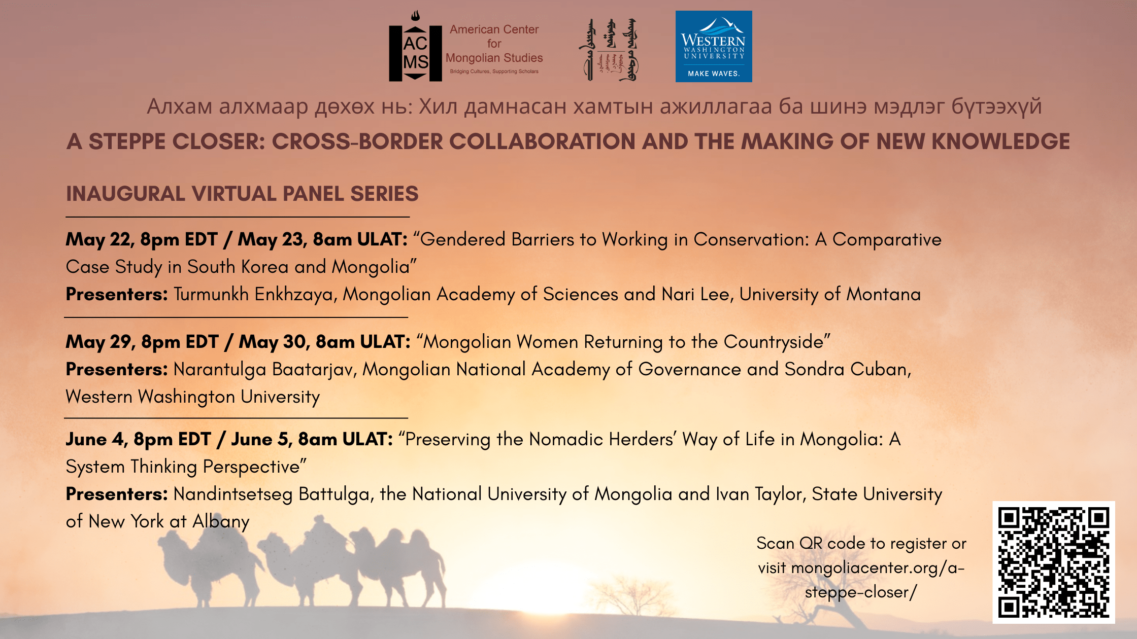 A Steppe Closer May-June Panel Social Media Graphic (Blog Banner) A Banner with text displaying relevant information about the "A Steppe Closer" Initiative including presenters, dates, time, and presentation topics.