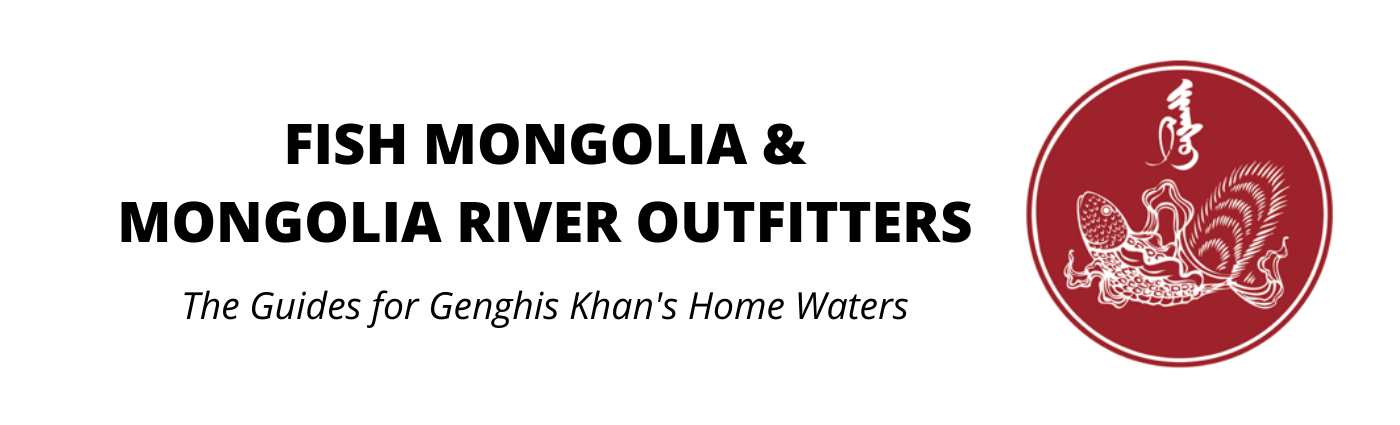 Text saying "Fish Mongolia & Mongolia River Outfitters: The Guides for Ghengis Khan's Home Waters" with the company's red and white logo.