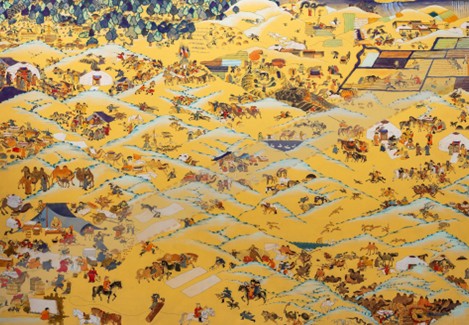 A Mongolian painting of a scenes of daily life in the steppe, done in shades of yellow, white, blue, and brown in a traditional style.